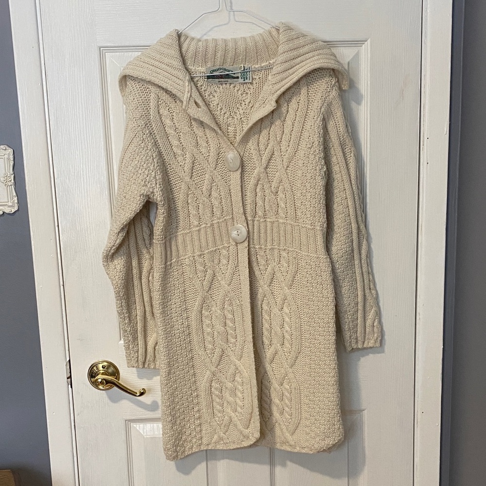 Aran Crafts Irish Wool Cable Knit Cardigan Cream Size S